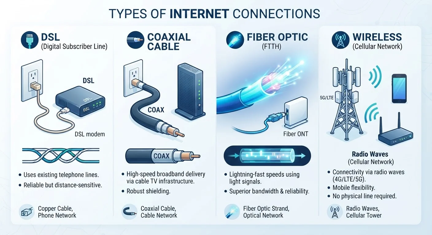 Broadband Types Decoded: DSL, Cable, Fiber, and Fixed Wireless Explained